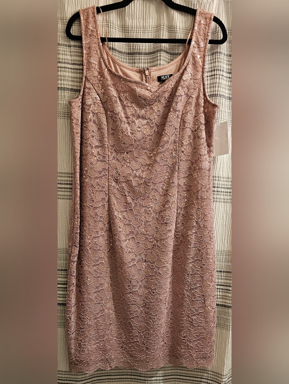 SLNY Dusty Rose Lace Sleeveless Sheath Dress With Sequin Accents